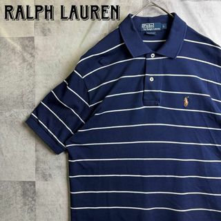 ポロラルフローレン(POLO RALPH LAUREN)の美品 90s ポロバイラルフローレン 鹿子 ポロシャツ 半袖 刺繍ロゴ 紺 L(ポロシャツ)