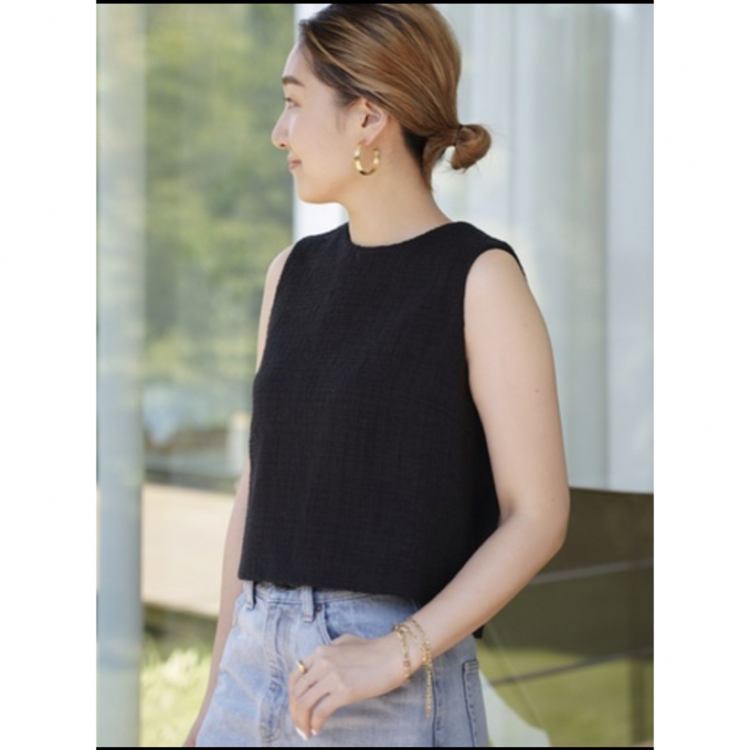 DEUXIEME CLASSE(ドゥーズィエムクラス)の【タグ付】ドゥーズィエムクラスTweed Cropped ブラウス (BK) レディースのトップス(カットソー(半袖/袖なし))の商品写真