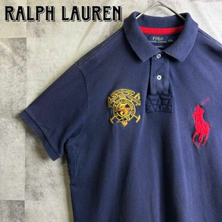 ポロラルフローレン(POLO RALPH LAUREN)の希少 美品 ポロラルフローレン 鹿子半袖ポロシャツ エンブレム&ポニー刺繍 紺L(ポロシャツ)