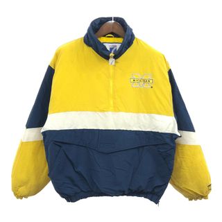 90年代 LOGO7 ロゴセブン MICHIGAN ミシガン カレッジ ハーフジップ スタジアムジャケット スポーツ イエロー (メンズ L) 中古 古着 Q4722(スタジャン)