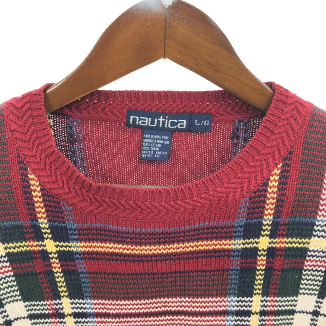 NAUTICA(ノーティカ)の90年代 NAUTICA ノーティカ コットン ニット セーター チェック レッド (メンズ L) 中古 古着 Q4728 メンズのトップス(ニット/セーター)の商品写真