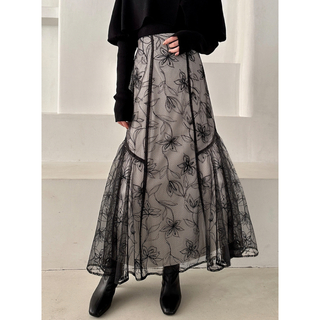 グレイル(GRL)の新品GRLグレイル花柄チュールサイドギャザースカート[ta071]ブラック量産型(ロングスカート)