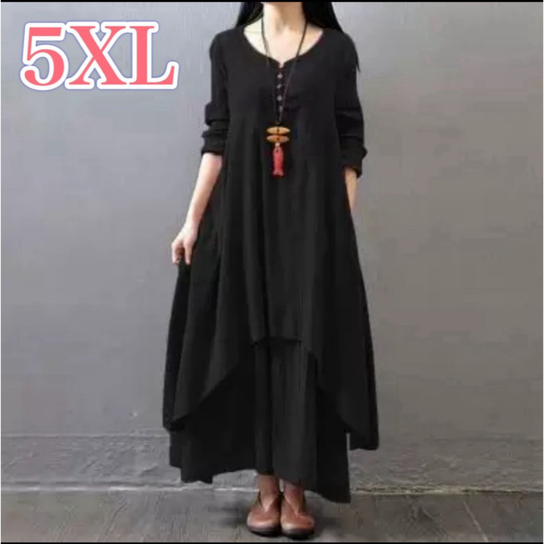 ロングワンピース レディース 5XL 大きいサイズ ゆったり ブラック レディースのワンピース(ロングワンピース/マキシワンピース)の商品写真