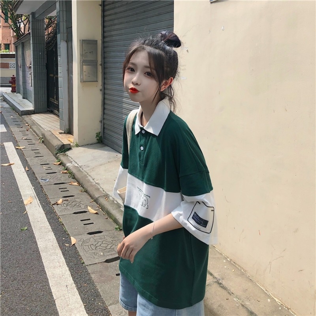 ポロシャツ ビッグシルエット 韓国 夏服 レディース カジュアル XL レディースのトップス(Tシャツ(半袖/袖なし))の商品写真