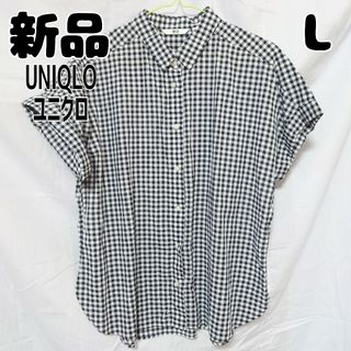 ユニクロ(UNIQLO)の新品 未使用 ユニクロ チェックブラウス 半袖 L ブラック(シャツ/ブラウス(半袖/袖なし))