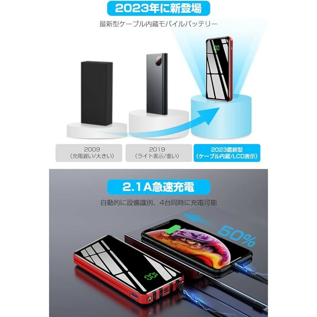 モバイルバッテリー 大容量 4本ケーブル内蔵 急速充電 4台同時充電 スマホ充電 スマホ/家電/カメラのスマートフォン/携帯電話(バッテリー/充電器)の商品写真