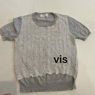 VIS  レース　半袖　ニット トップス グレー  S 半袖ニット(Tシャツ(半袖/袖なし))