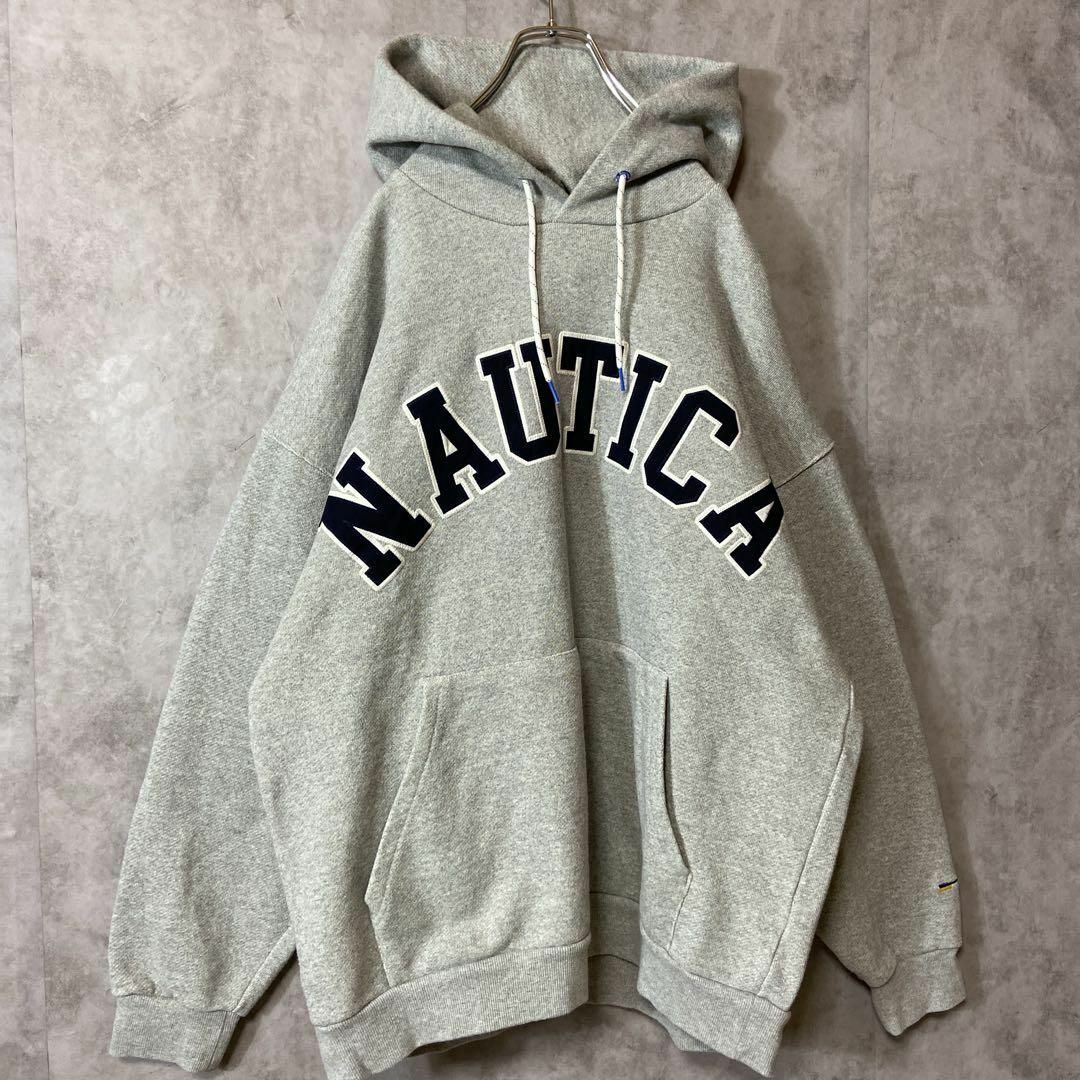 NAUTICA(ノーティカ)の【人気アーチ刺繍ロゴ◎】NAUTICAパーカー古着グレーかぶりプルオーバーL メンズのトップス(パーカー)の商品写真