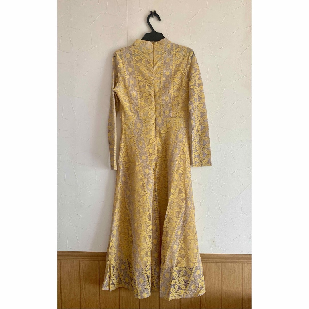 レース ワンピース 刺繍 パーティードレス イエロー レディースのフォーマル/ドレス(ミディアムドレス)の商品写真