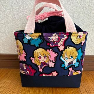 ハンドメイド お弁当袋 保冷保温 ランチトートバック【19】紺×ピンク(ランチボックス巾着)