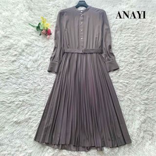 アナイ(ANAYI)の【美品】アナイ ロング丈 バックサテンプリーツワンピース 金ボタン カーキ S(ロングワンピース/マキシワンピース)