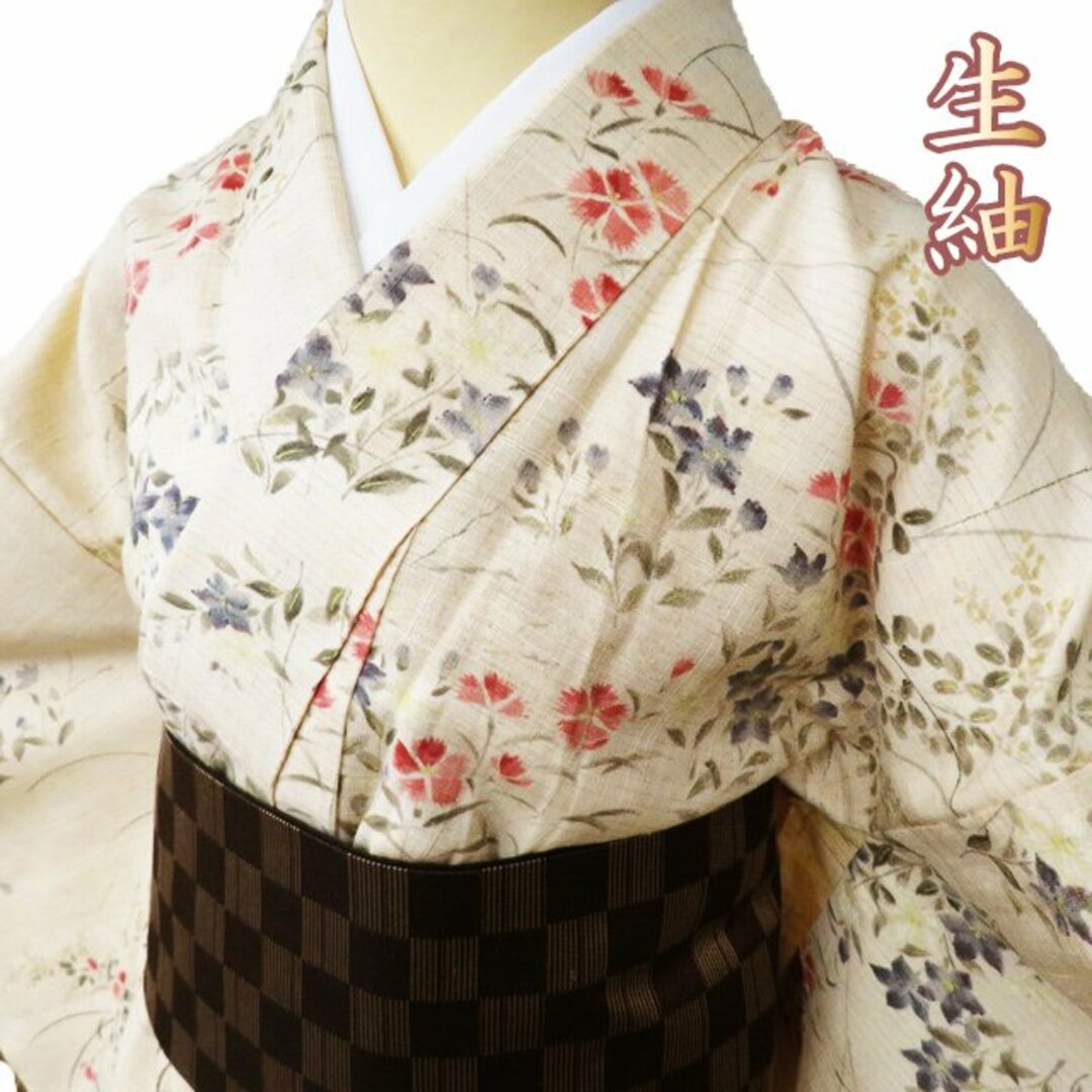 生紬 着物 中古 正絹 単衣 カジュアル 花模様 秋草 砥粉色 多色 身丈161cm 裄67cm M きもの北條 A1007-13 レディースの水着/浴衣(着物)の商品写真