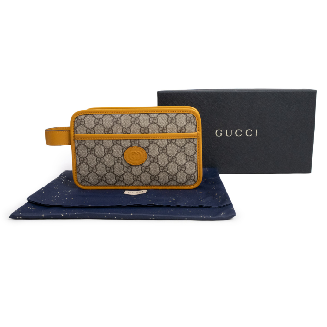 Gucci(グッチ)のグッチ インターロッキングＧ トラベルケース セカンドバッグ クラッチバッグ ポーチ GGスプリームキャンバス レザー タン ベージュ エボニー 茶 ゴールド金具 625764 箱付 GUCCI（新品・未使用品） インテリア/住まい/日用品の日用品/生活雑貨/旅行(旅行用品)の商品写真