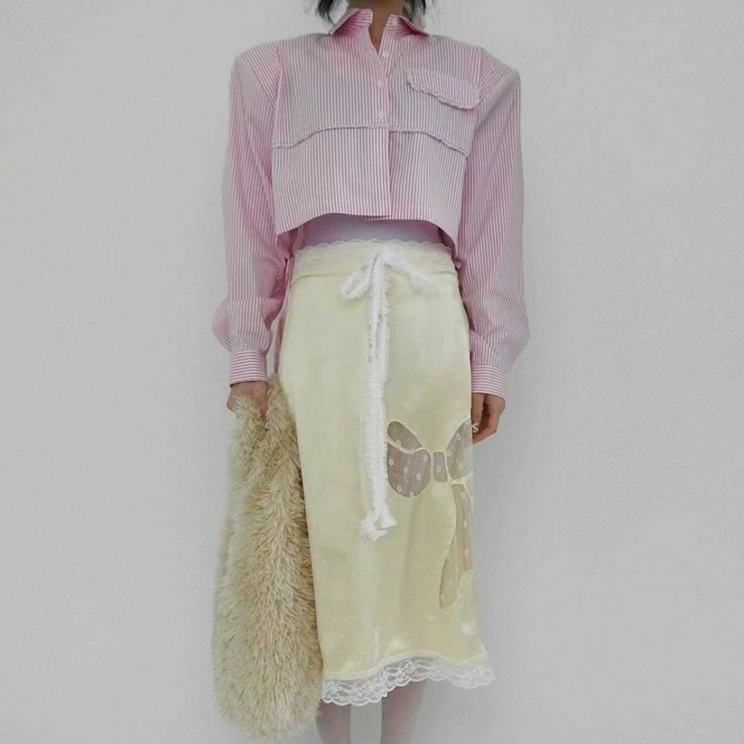 holiday(ホリデイ)のClode ロングスカート シアー レース リボン イエロー ピンク レディースのスカート(ロングスカート)の商品写真