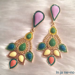 レトロピアス ／ パステル カラフル 大ぶり ゴールド(ピアス)