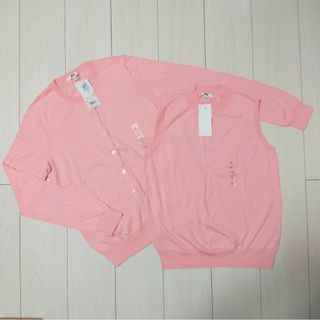 ユニクロ(UNIQLO)のユニクロ UVカット アンサンブルニット ピンク Lサイズ 新品・タグ付き(カーディガン)