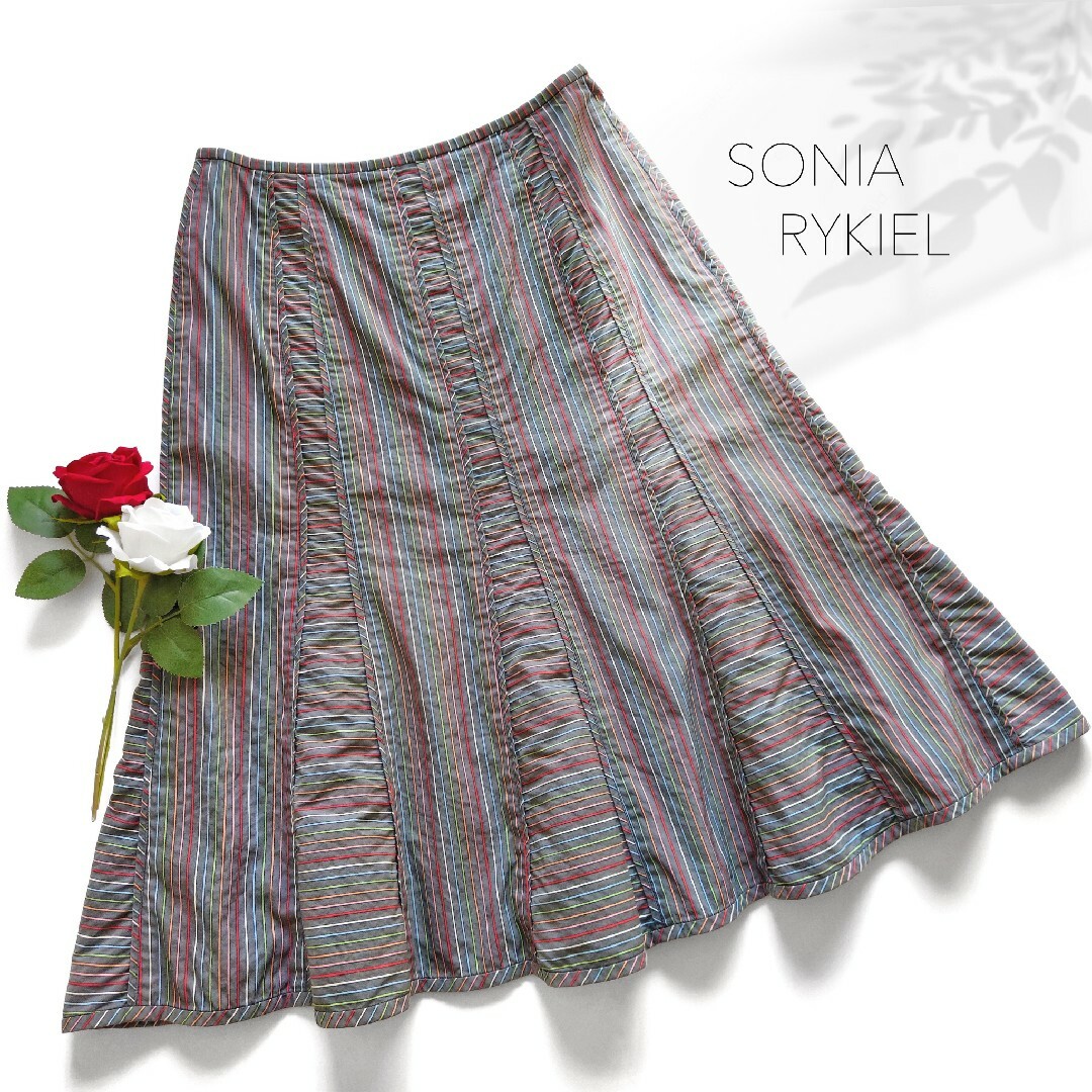 SONIA RYKIEL(ソニアリキエル)の美品 ソニアリキエル オンワード樫山 フレアスカート ティアード 総柄 グレー レディースのスカート(ひざ丈スカート)の商品写真