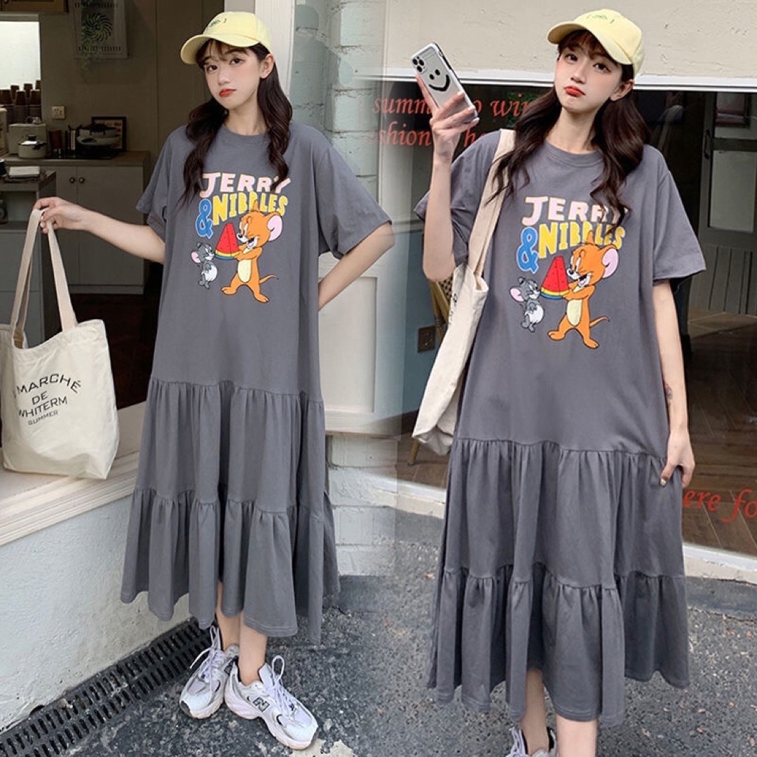 ロングワンピース レディース 夏 ゆったり Tシャツ カジュアル SLWA047 レディースのワンピース(ロングワンピース/マキシワンピース)の商品写真