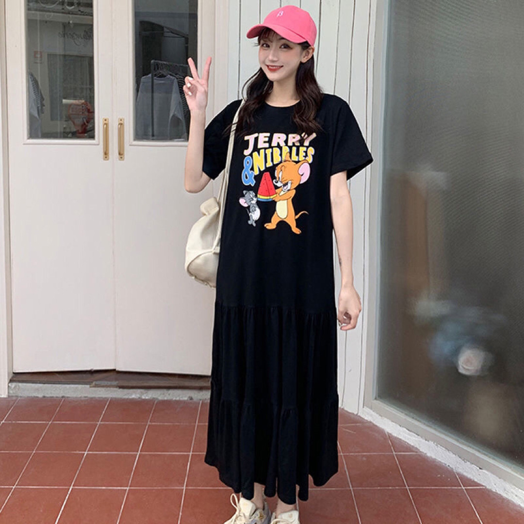 ロングワンピース レディース 夏 ゆったり Tシャツ カジュアル SLWA047 レディースのワンピース(ロングワンピース/マキシワンピース)の商品写真