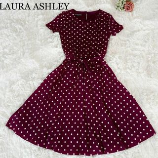 ローラアシュレイ(LAURA ASHLEY)の美品 LAURA ASHLEY ベルト付 フレアワンピース 総柄 ドット柄 赤M(ロングワンピース/マキシワンピース)