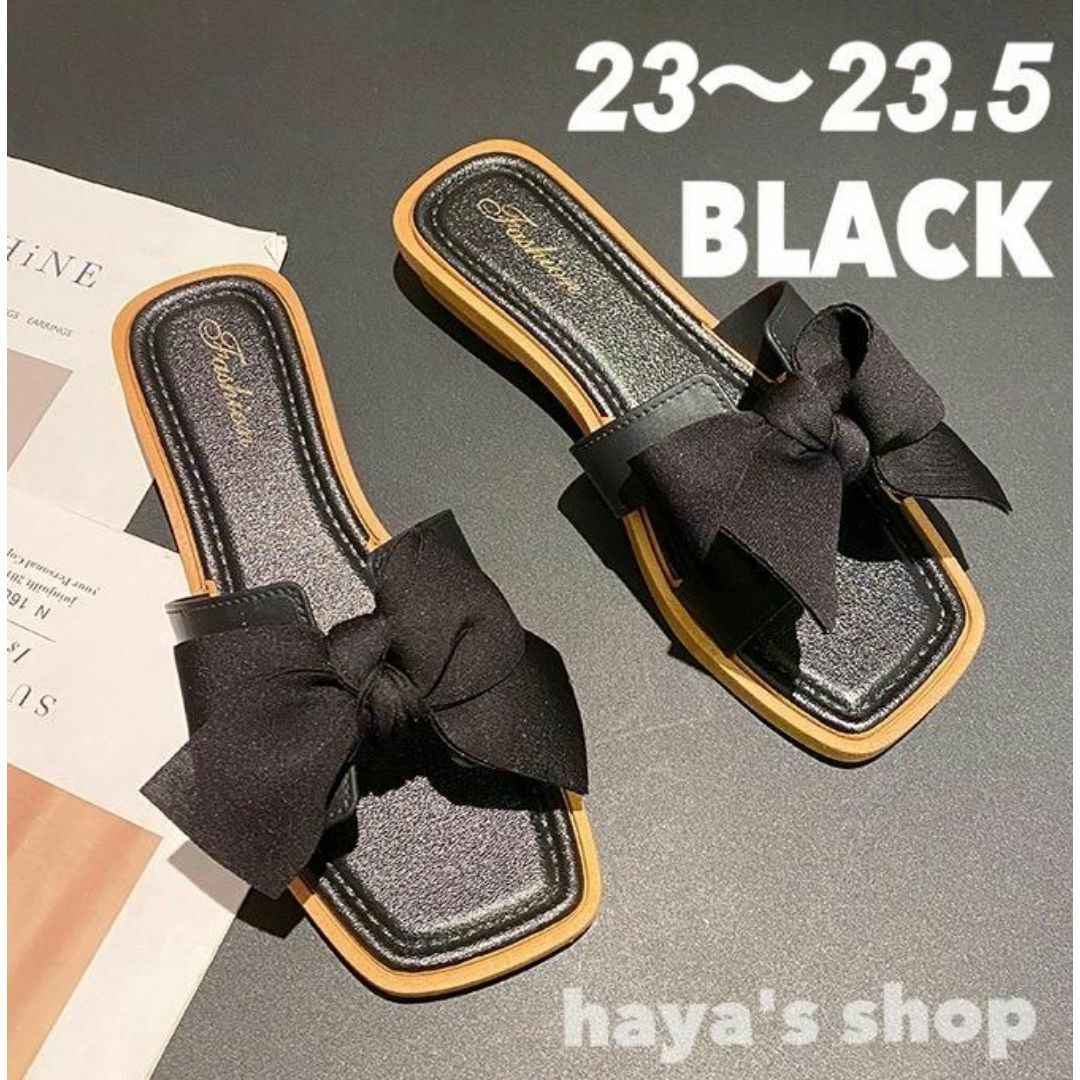 23cm 23.5cm  黒 サンダル ローヒール リボン 軽い 夏リゾート レディースの靴/シューズ(サンダル)の商品写真