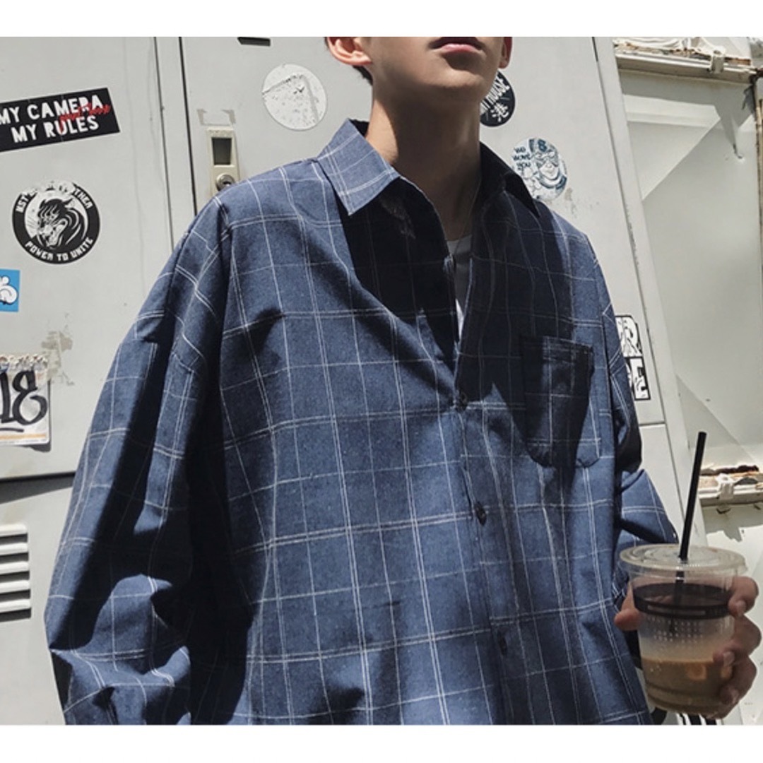 3999円○XL ビッグシルエット チェック ウィンドペンチェック ブルー メンズのトップス(Tシャツ/カットソー(七分/長袖))の商品写真