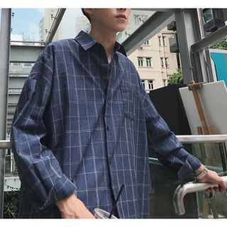 3999円○XL ビッグシルエット チェック ウィンドペンチェック ブルー(Tシャツ/カットソー(七分/長袖))