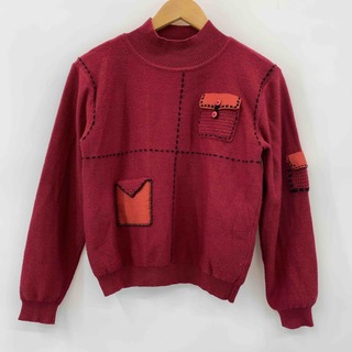 MODA レディース ニット セーター ハイネック レッド ウール 鉤針編みパッチポケット(ニット/セーター)