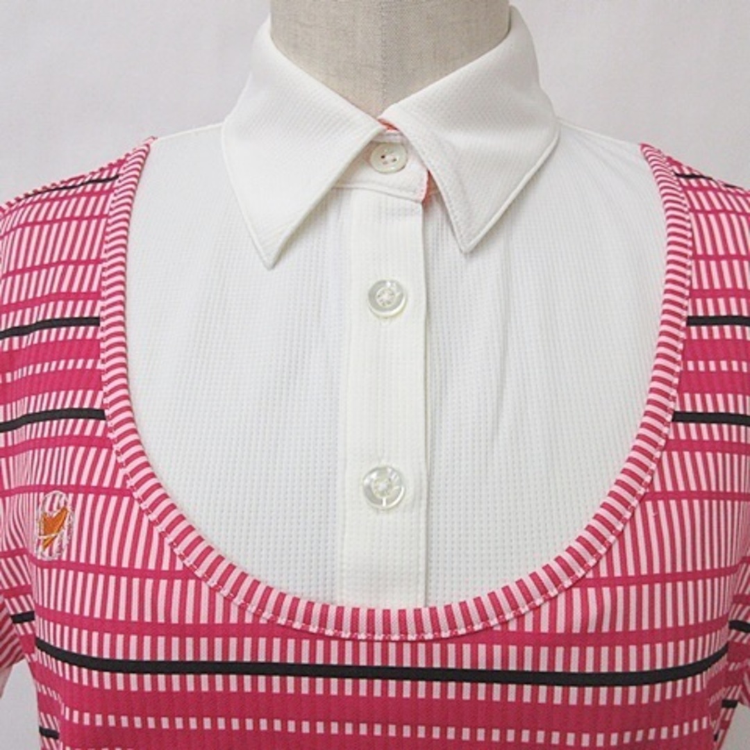 VIVA HEART(ビバハート)のビバハート ゴルフ ポロシャツ 半袖 ストライプ ピンク 白 ホワイト 40 スポーツ/アウトドアのゴルフ(ウエア)の商品写真