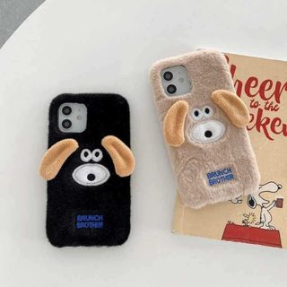 【数量限定】iPhone15　ファー　ブラウン　スマホ　犬　もこもこ　ケース　冬(iPhoneケース)