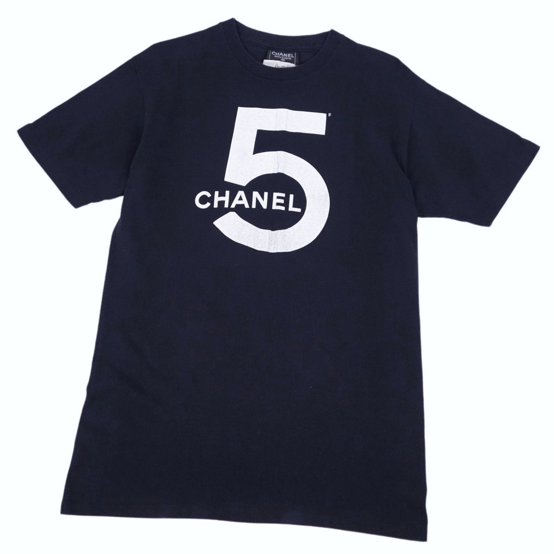 CHANEL(シャネル)の美品 Vintage シャネル CHANEL Tシャツ カットソー 半袖 ショートスリーブ ロゴ No.5 トップス レディース M～L相当 紺 レディースのトップス(Tシャツ(半袖/袖なし))の商品写真