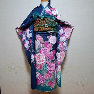正絹 振袖 枝桜 薔薇 蝶舞う 金駒刺繍 金彩 フルセット(正絹 正絹 振袖 枝桜 薔薇 蝶舞う 金駒刺繍 金彩 フルセット(正絹