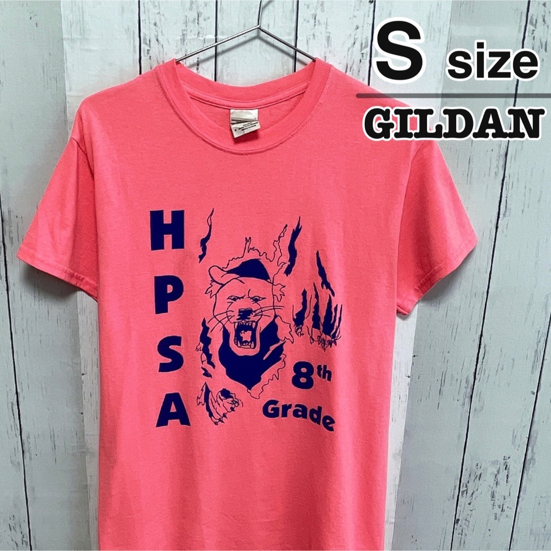GILDAN(ギルタン)のUSA古着　GILDAN　Tシャツ　S　ピンク　アニマル　ライオン　ロゴ　クラス メンズのトップス(Tシャツ/カットソー(半袖/袖なし))の商品写真