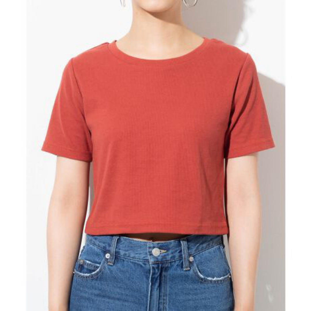 WEGO(ウィゴー)のWEGO ウィゴー　リブニットtシャツ　ショート丈　春　夏　オレンジ　レッド　赤 レディースのトップス(Tシャツ(半袖/袖なし))の商品写真
