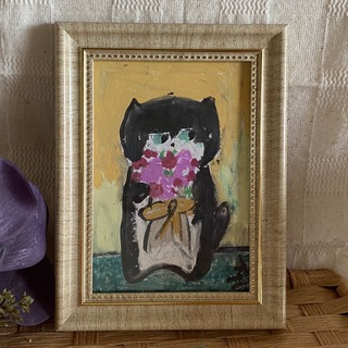 絵画。原画手描【美しい花束を抱いたかわいい猫ちゃん】04(絵画/タペストリー)