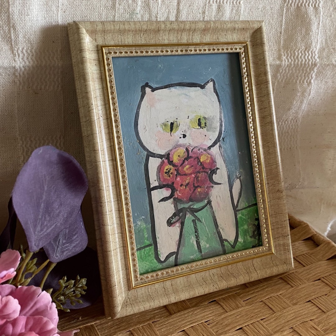 絵画。原画手描【美しい花束を抱いたかわいい猫ちゃん】05 エンタメ/ホビーの美術品/アンティーク(絵画/タペストリー)の商品写真