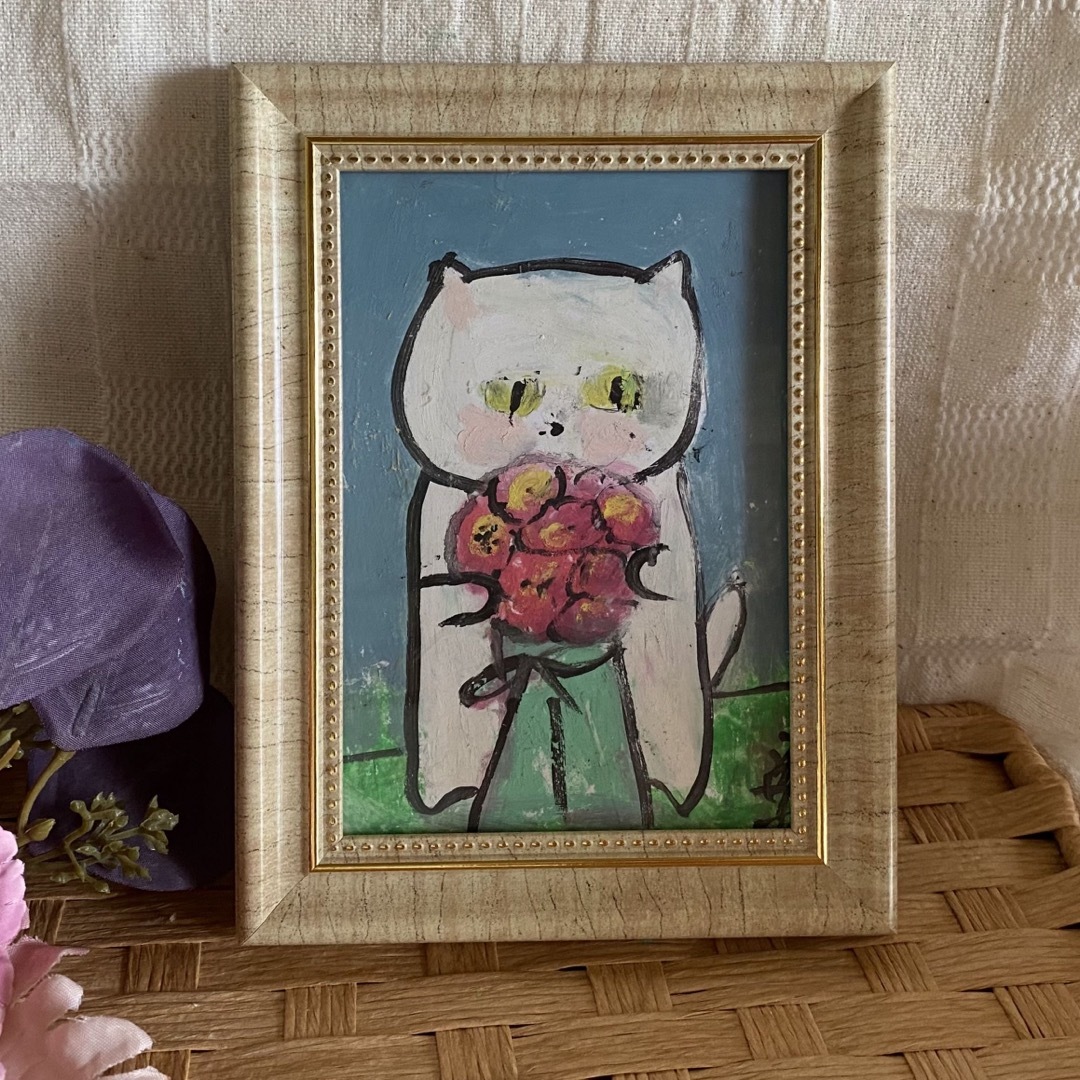 絵画。原画手描【美しい花束を抱いたかわいい猫ちゃん】05 エンタメ/ホビーの美術品/アンティーク(絵画/タペストリー)の商品写真