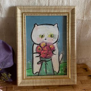 絵画。原画手描【美しい花束を抱いたかわいい猫ちゃん】05