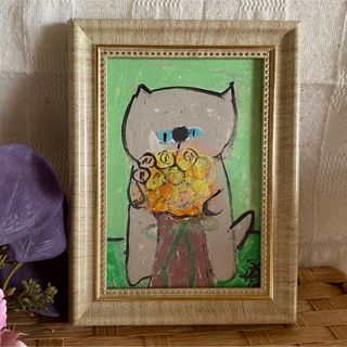 絵画。原画手描【美しい花束を抱いたかわいい猫ちゃん】08(絵画/タペストリー)