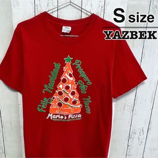 ヴィンテージ(VINTAGE)のYAZBEK　Tシャツ　S　レッド　赤　ピザ　クリスマス　プリント　USA古着(Tシャツ/カットソー(半袖/袖なし))