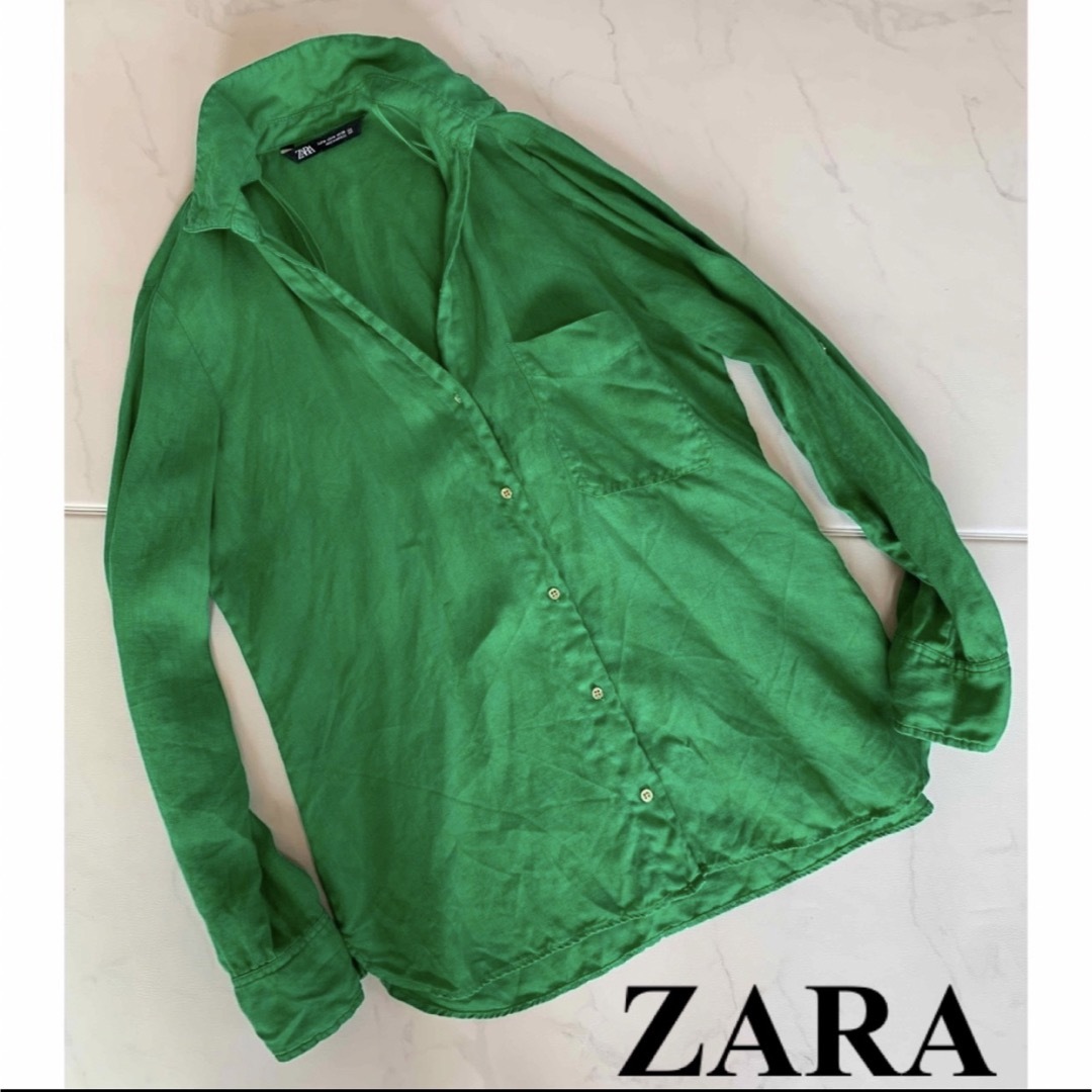 ☆美品ZARA リンネ 麻シャツ グリーン M☆ レディースのトップス(シャツ/ブラウス(長袖/七分))の商品写真