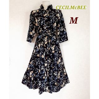 CECIL McBEE - 美品 セシルマクビー リボン付 ロング シャツワンピース M★黒×花柄 7分袖