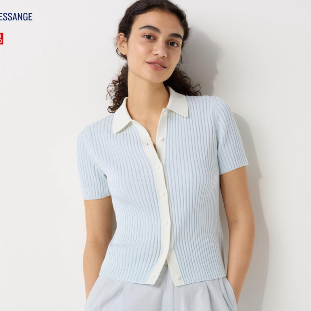 UNIQLO(ユニクロ)の新品タグ付き UNIQLO リブボーダーポロカーディガン レディースのトップス(ニット/セーター)の商品写真