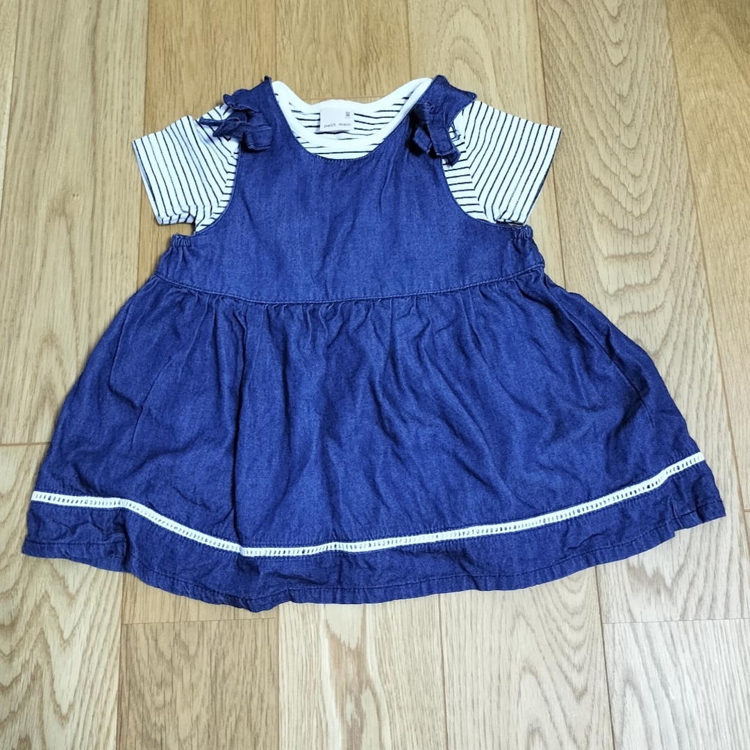 petit main(プティマイン)のプティマイン　デニムワンピース　ボーダーロンパース　80cm キッズ/ベビー/マタニティのベビー服(~85cm)(ロンパース)の商品写真