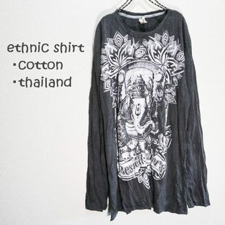 【新品】シワ加工　ロングTシャツ　ガネーシャとドクロ　ダーク杢グレー(Tシャツ/カットソー(七分/長袖))