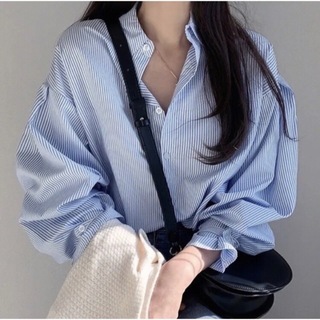 ストライプシャツ 袖口フリル サイズL キャンディースリーブシャツ 韓国　ブルー(シャツ/ブラウス(長袖/七分))