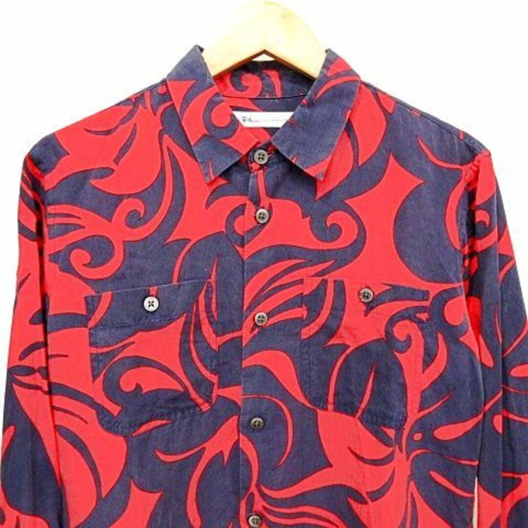 Ron Herman(ロンハーマン)のロンハーマン レーヨン シャツ 長袖 リーフ柄 総柄 S 赤 紺 ■GY09 メンズのトップス(シャツ)の商品写真