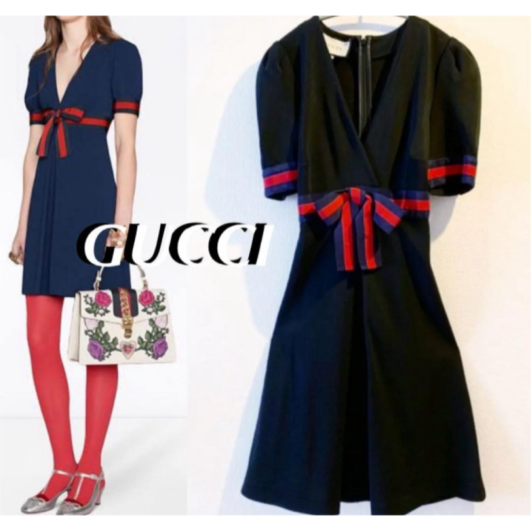 Gucci(グッチ)のGUCCI Vネック ジャージ素材ワンピース Mサイズ　ブラック レディースのワンピース(ひざ丈ワンピース)の商品写真