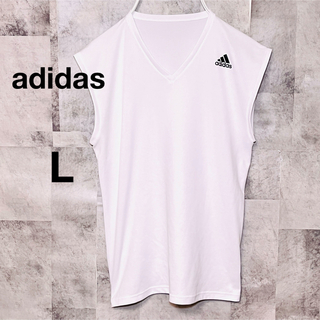 アディダス(adidas)のアディダスタンクトップ　ノースリーブ　L 胸ロゴ　ホワイト(Tシャツ/カットソー(半袖/袖なし))