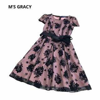 エムズグレイシー(M'S GRACY)のM’S GRACY★花柄ワンピース★Aライン★ウエストリボン★ベロア★シースルー(ひざ丈ワンピース)